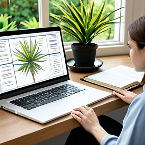 Home 6 A focused professional adult, female, in modest, appropriate attire, seated at an organized study desk. She is surrounded by a mix of physical books on horticulture and a modern laptop displaying an online learning platform. One hand holds a pen over a notebook with a mind map, while the other gestures towards a small potted plant on the desk, symbolizing the connection between theory and practice. The background subtly blends into a soft, blurred botanical garden view through a window, signifying inspiration and the target of her studies. The scene conveys dedication and goal-setting in learning. Perfect anatomy, correct proportions, natural pose, well-formed hands, proper finger count, natural body proportions, fully clothed, safe for work, appropriate content, family-friendly, professional.