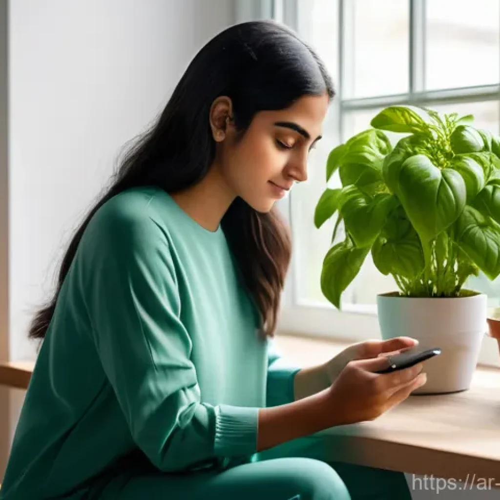 원예 분야에서 전문성을 쌓는 네트워킹 방법 - **Prompt:** "A young Arab woman, wearing a modest, comfortable long-sleeved top and trousers, sits i...