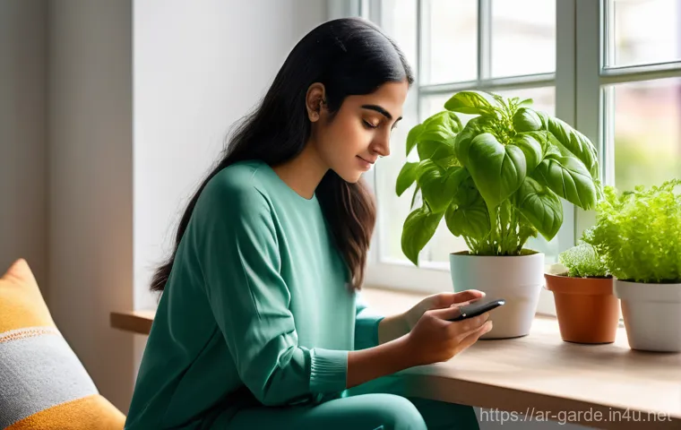 원예 분야에서 전문성을 쌓는 네트워킹 방법 - **Prompt:** "A young Arab woman, wearing a modest, comfortable long-sleeved top and trousers, sits i...