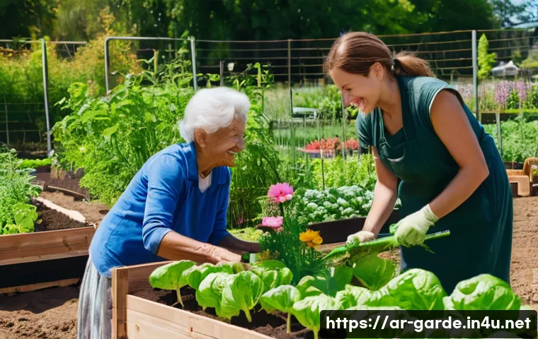 원예 전문가가 추천하는 실습 장소 - **Prompt:** A vibrant community garden bustling with activity under a warm, sunny sky. A diverse gro...