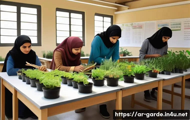 원예사 시험 기출문제 분석 - A detailed educational scene showing a diverse group of Arab students in a bright classroom, attenti...