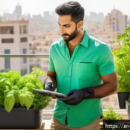 Home 32 원예 자격증 취득 후 프리랜서로 성공한 사례 - A professional urban gardener, an Arabic man in his 30s wearing a light green shirt and cargo pants ...