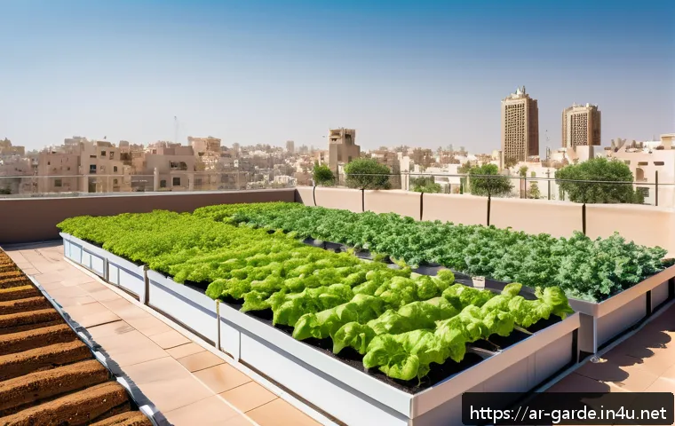 원예 분야 기술 트렌드와 미래 전망 - A modern urban rooftop garden in a Middle Eastern city, featuring lush green vegetable and herb plan...