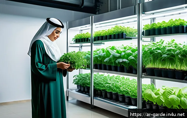 원예 관련 산업의 최신 동향 - A modern vertical urban farm inside a multi-story building in a Middle Eastern cityscape, featuring ...