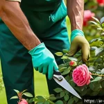 Home 23 원예 자격증 실기 준비 팁 - A detailed close-up scene of a skilled gardener’s hands wearing protective gloves, carefully using s...