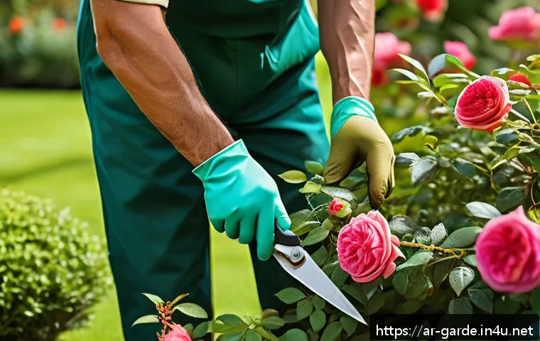 원예 자격증 실기 준비 팁 - A detailed close-up scene of a skilled gardener&rsquo;s hands wearing protective gloves, carefully using s...