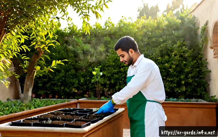 원예사 실기 시험 모의 테스트 준비법 - Photorealistic horticulture practical exam mock test preparation, Arab male trainee in clean modest ...
